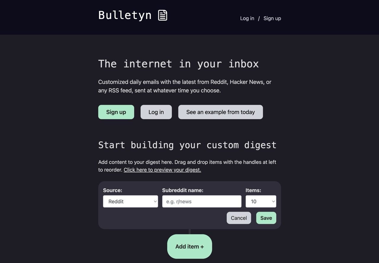A screenshot of the Bulletyn website