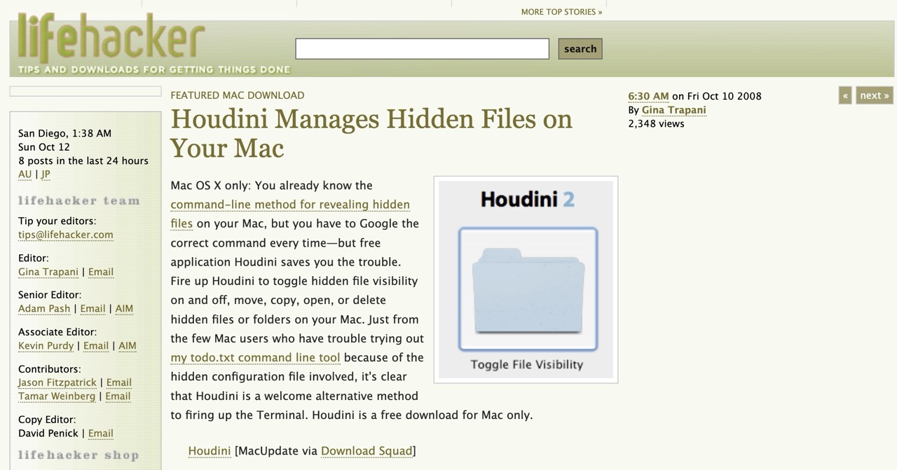 Screenshot of a post on Lifehacker featuring Houdini in 2008